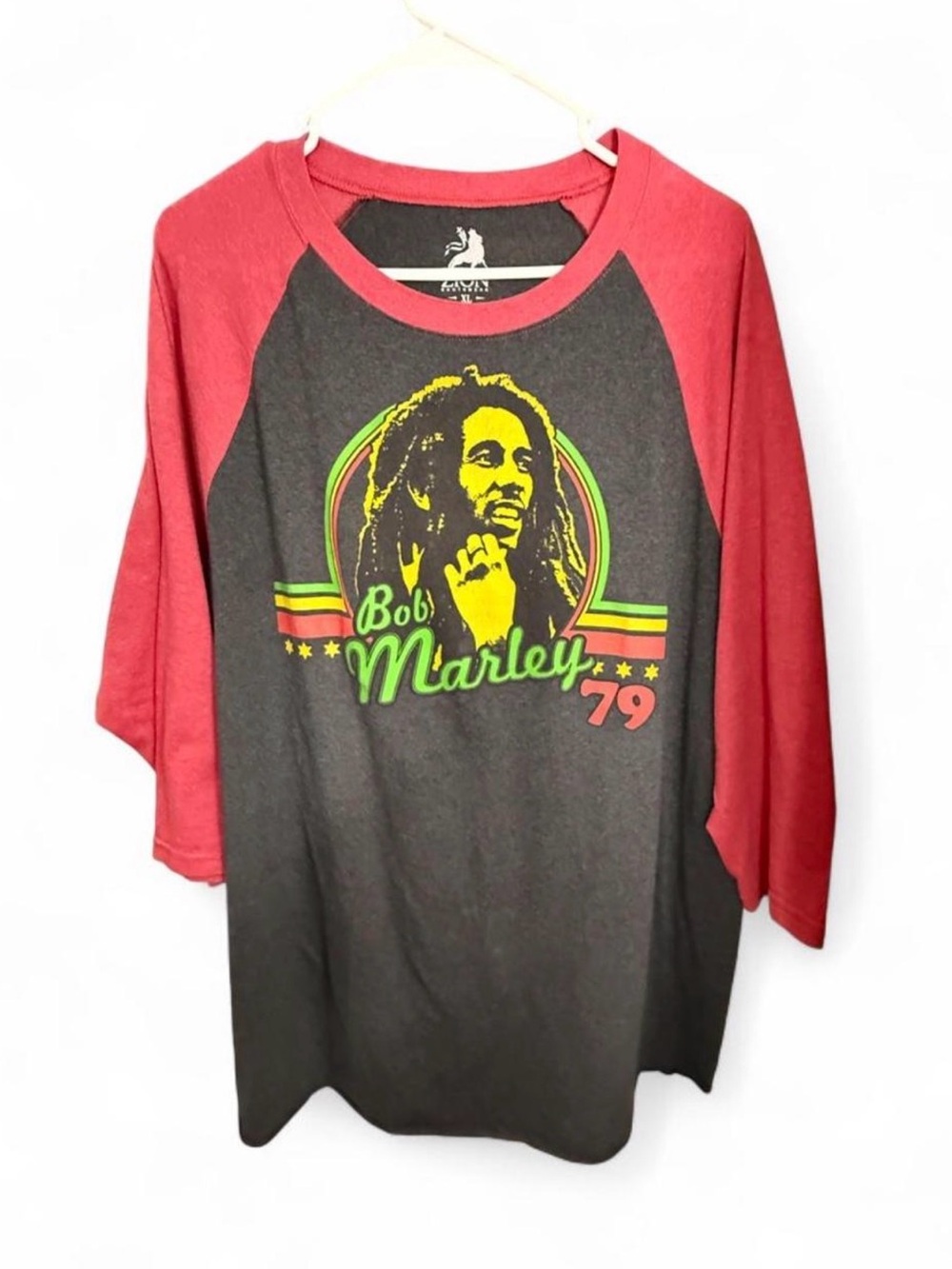 Zion Rootswear Bob Marley Raglan Tee - Red/Charcoal with Green & Yellow Graphic